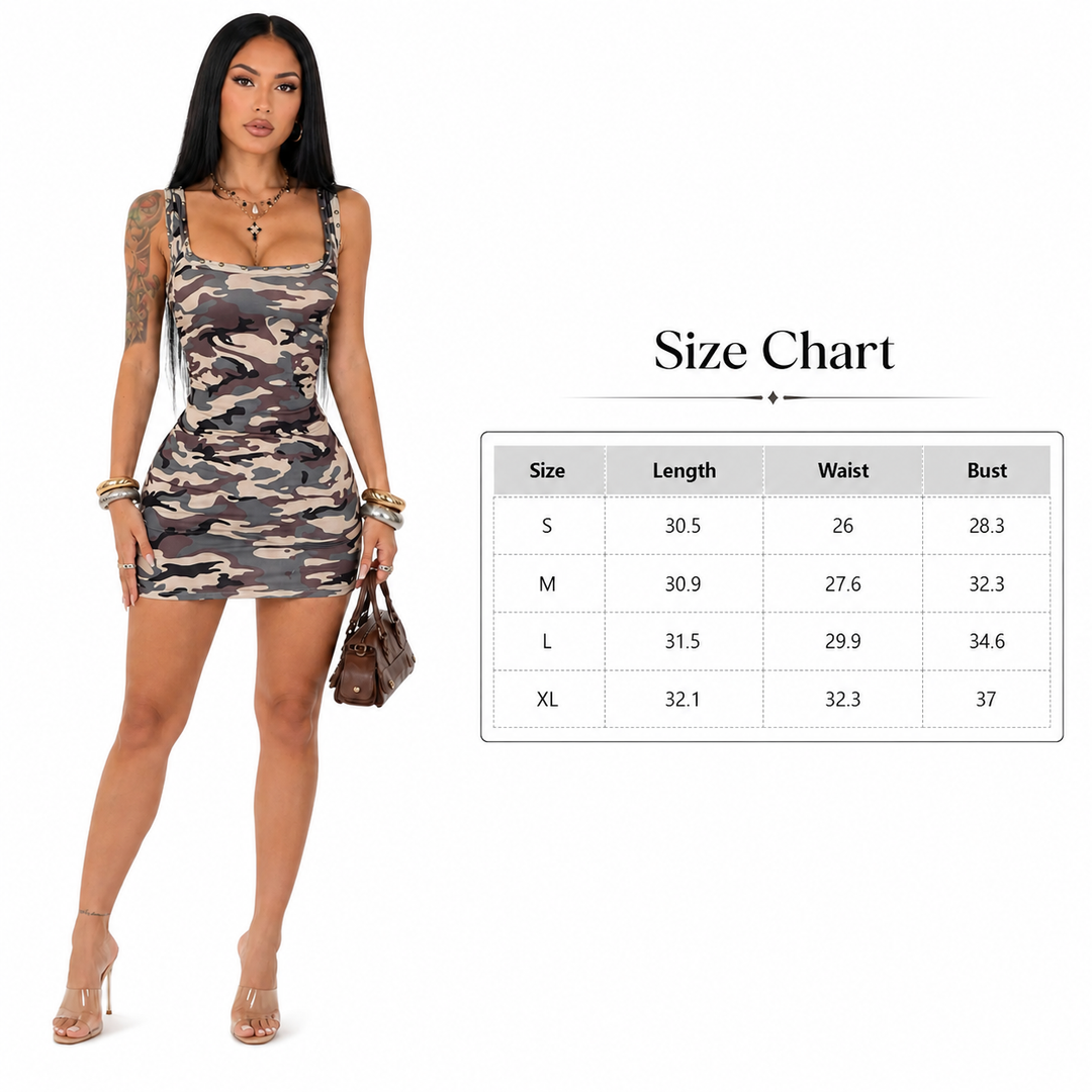 Army Green camouflage mini dress beside a clear size chart for S, M, L and XL with length, waist and bust measurements.
