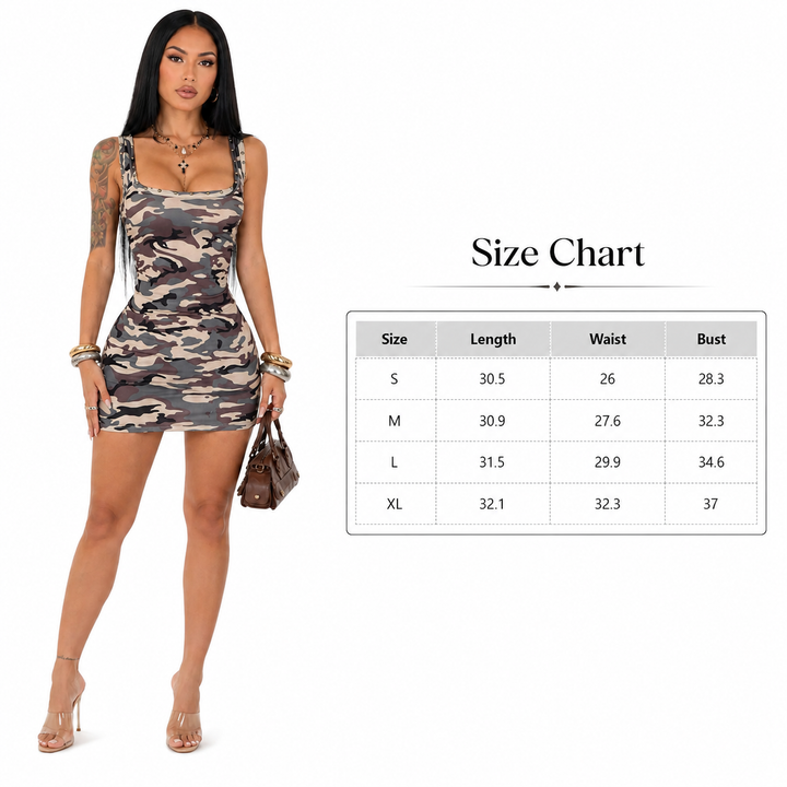 Army Green camouflage mini dress beside a clear size chart for S, M, L and XL with length, waist and bust measurements.