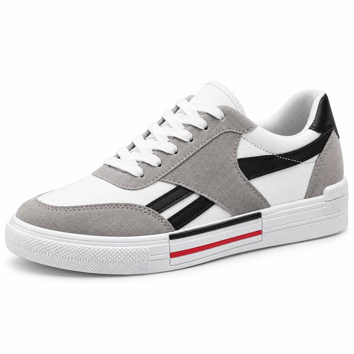Black striped canvas shoes with gray overlays, white laces and black heel tab on a clean studio background.