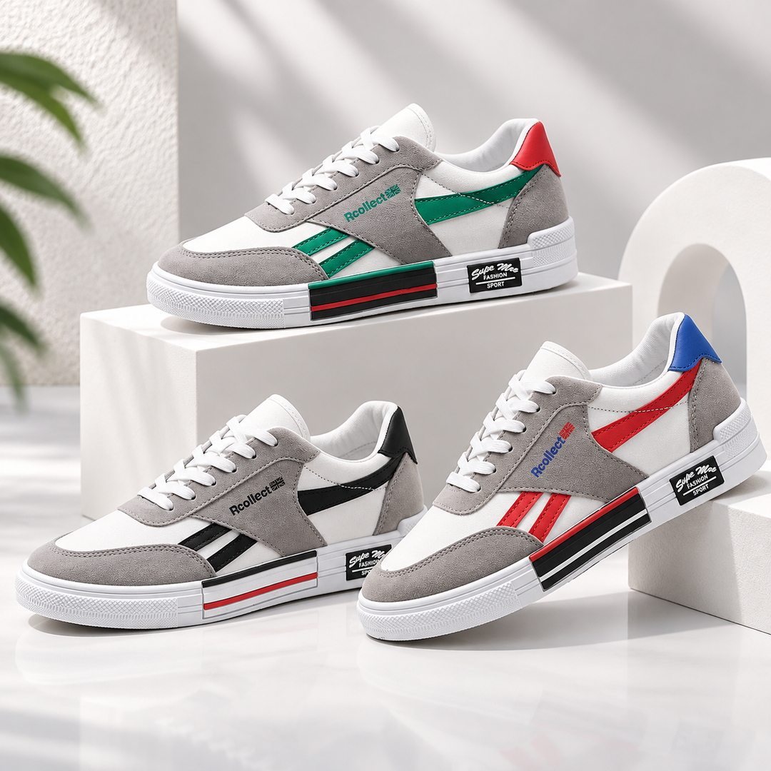 Canvas shoes conversion hero showing green, black and red stripe variants together in a polished light studio scene.