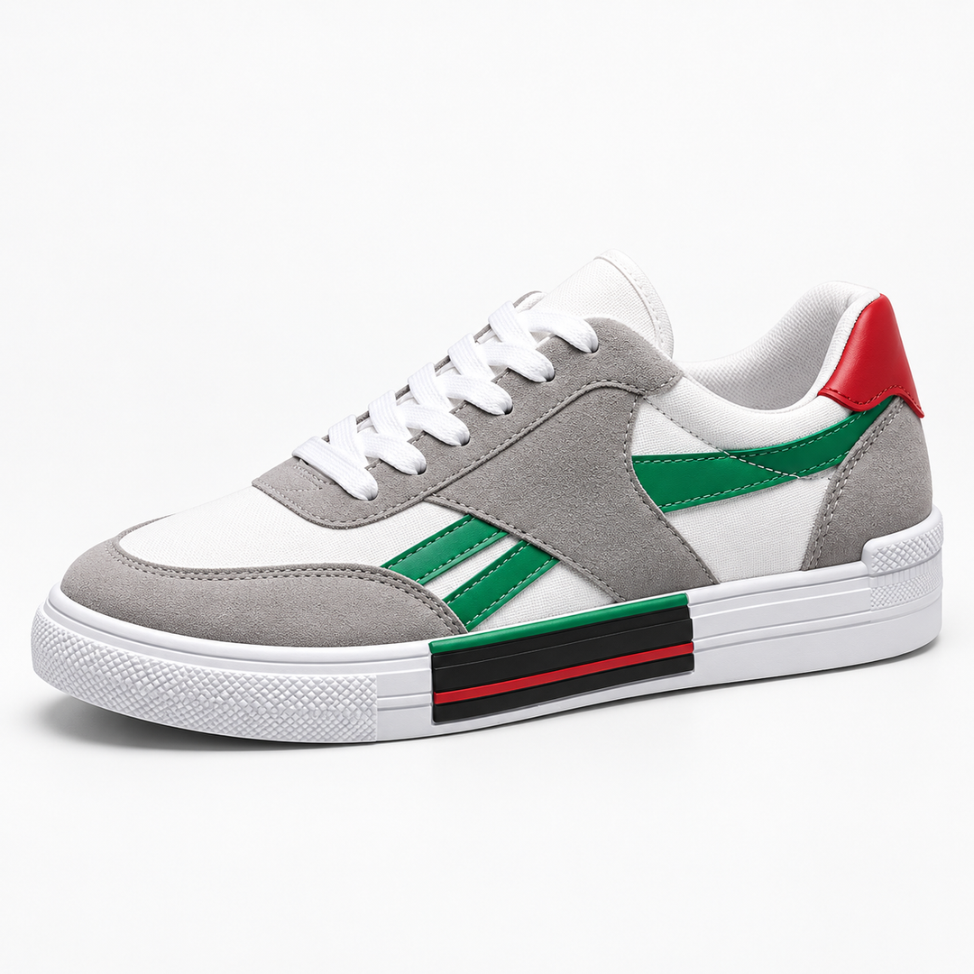 Green striped canvas shoes with gray overlays, white laces and red heel tab on a clean studio background.