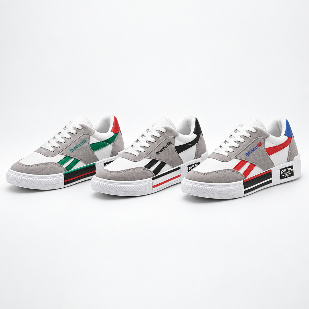Three canvas shoe variants shown together with green, black and red side stripe accents on a clean studio background.