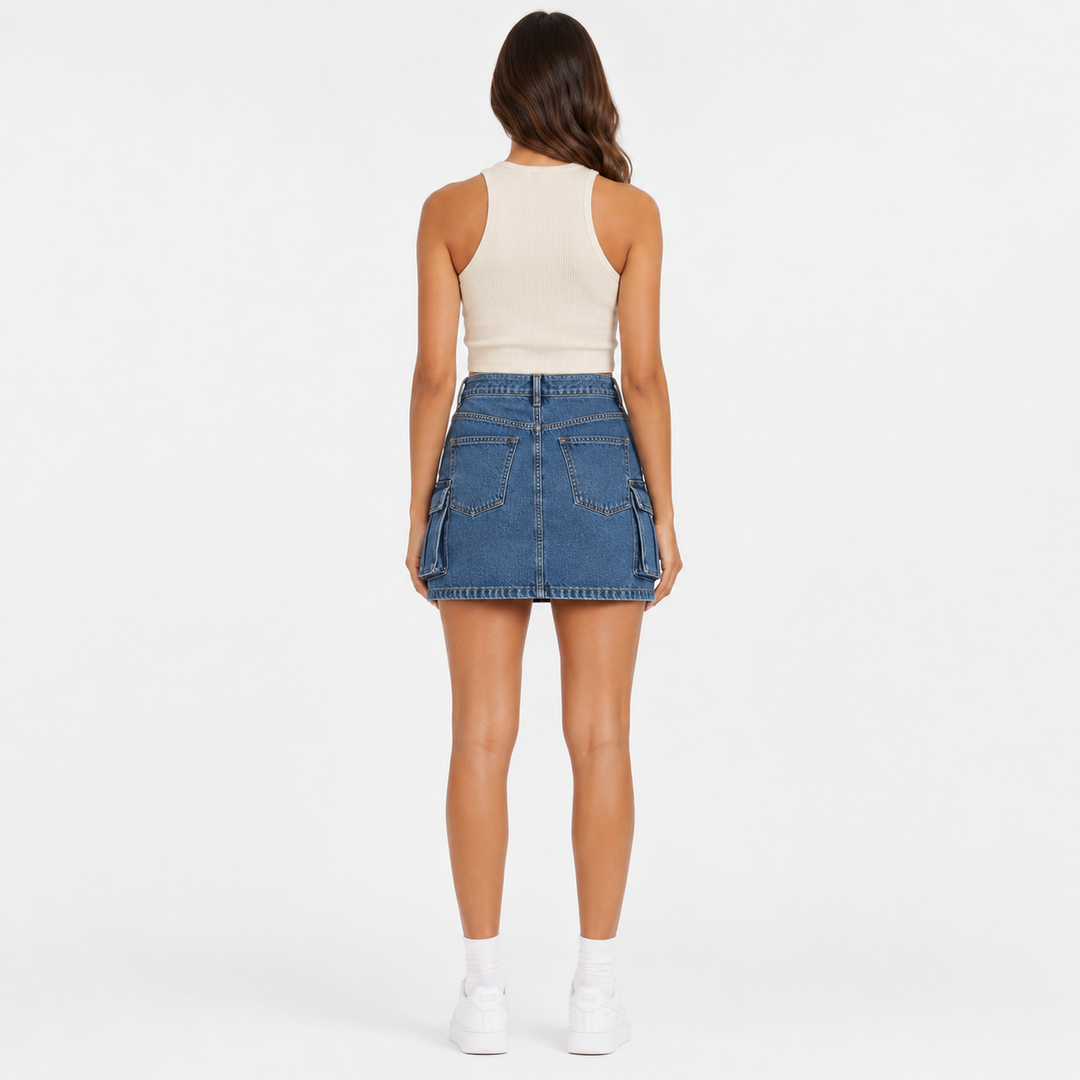 Cargo denim skirt back view showing fit, seams and rear pockets