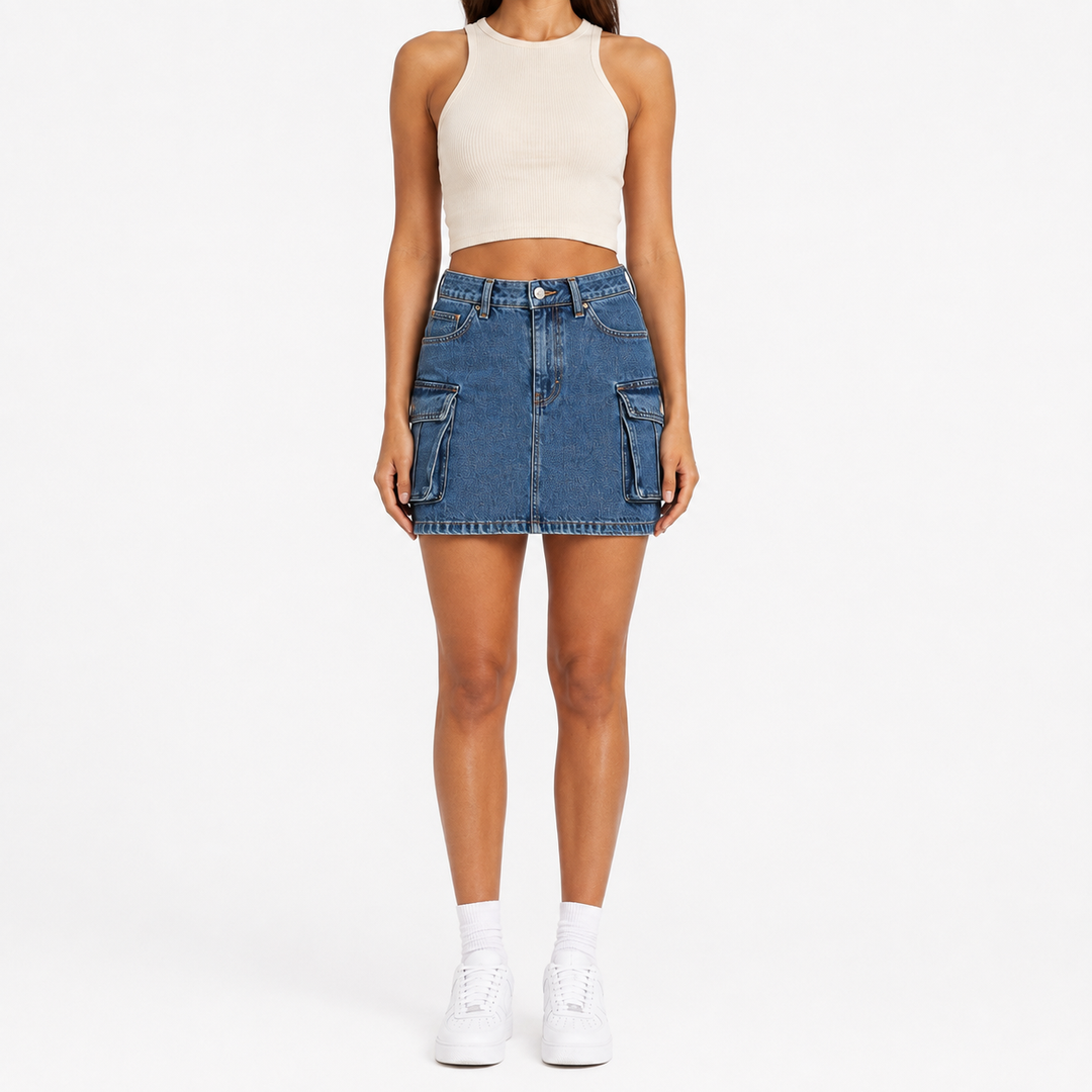 Cargo denim skirt front view showing waistband, pockets and silhouette