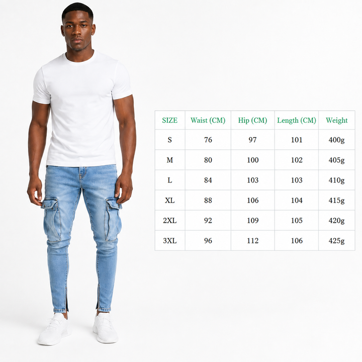 Cargo jeans for men size chart with adult male model in washed light blue denim, showing waist, hip, length and weight by size.