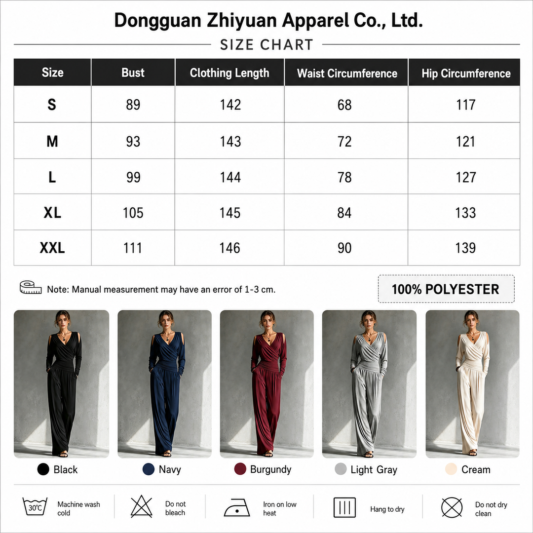 Casual jumpsuit size chart with S to 2XL measurements, 100% polyester composition and Black, Navy, Burgundy, Light Gray and Cream.