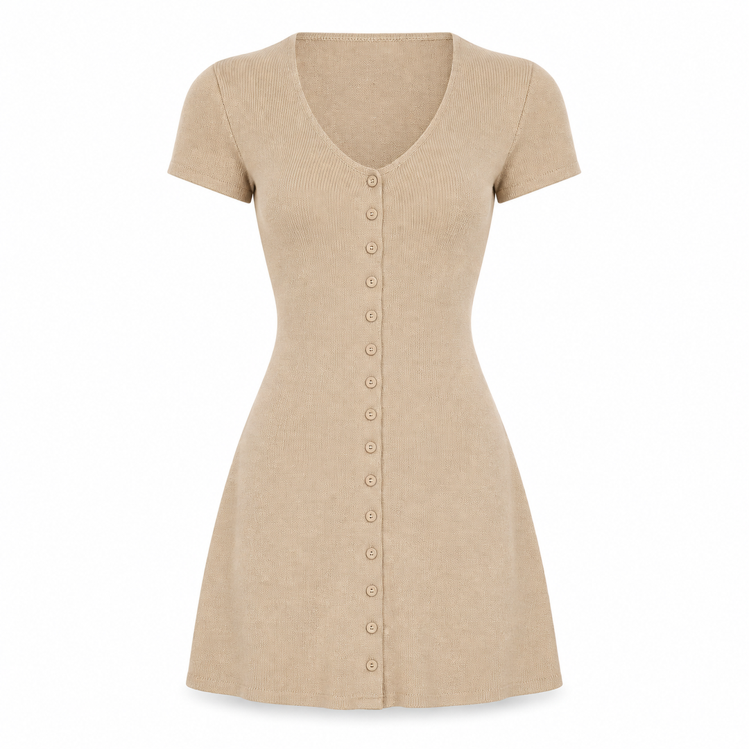 Casual V neck mini dress in Skin, product-only front view on white background.