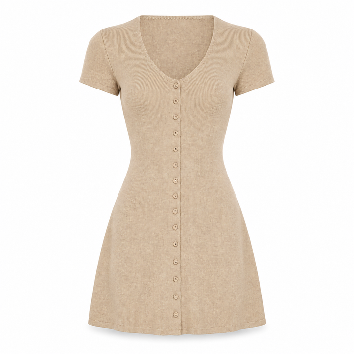 Casual V neck mini dress in Skin, product-only front view on white background.