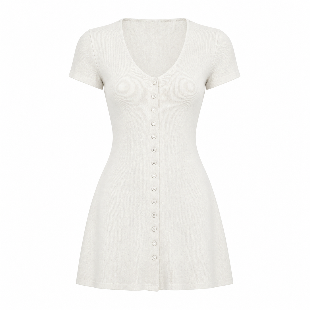 Casual V neck mini dress in White, product-only front view on white background.