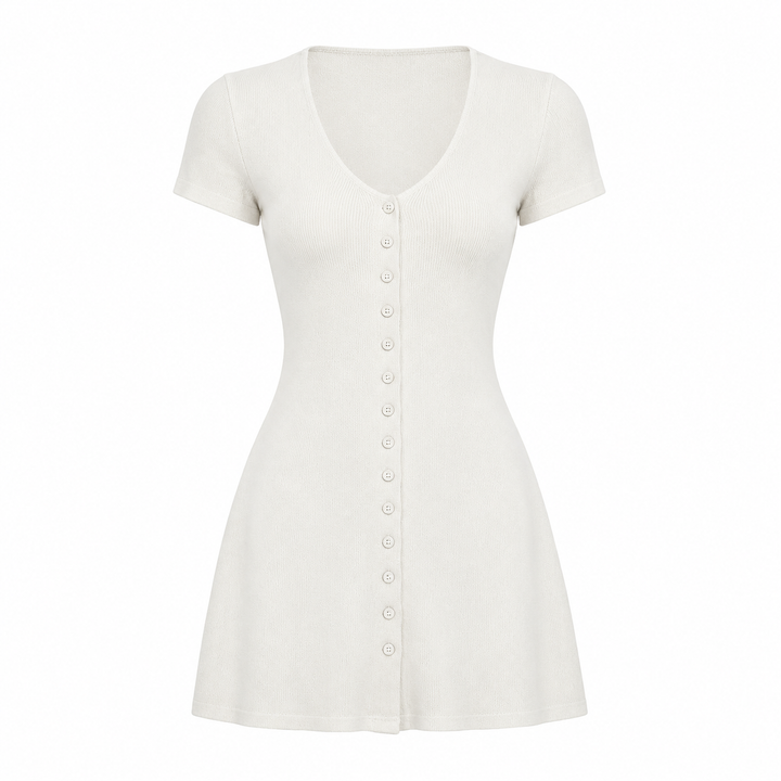 Casual V neck mini dress in White, product-only front view on white background.