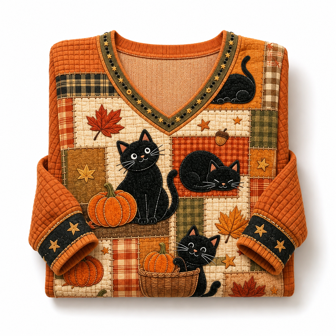 Folded orange cat and pumpkin V-neck sweater on white, presenting the V-neck trim, patchwork graphics, all sleeves and cuffs.