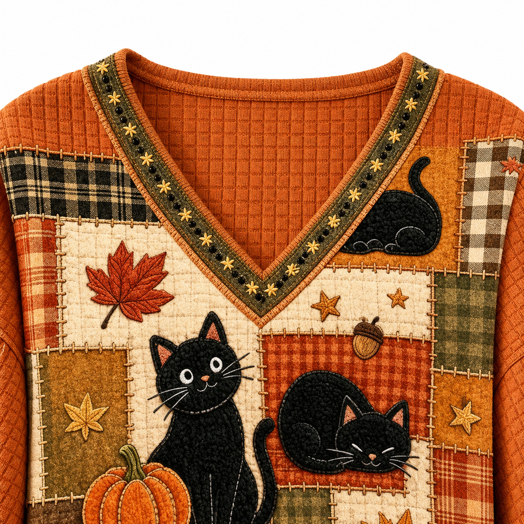 Close-up of the orange cat and pumpkin sweater V-neck trim, plaid panels, fall leaf, black cats and visible stitching detail.