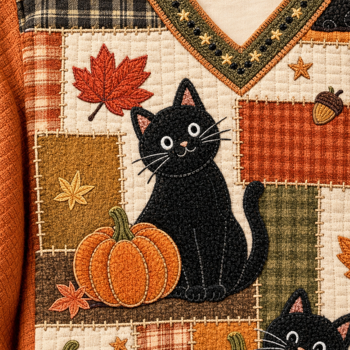 Detailed black cat and orange pumpkin motif on V-neck sweater, showing textured patchwork panels and precise stitched edging.