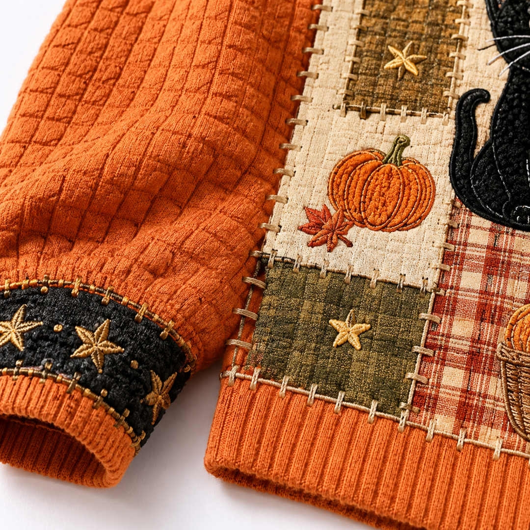 Macro view of the orange sleeve texture, patchwork panel seams and decorative stitching on the cat pumpkin sweater in detail.