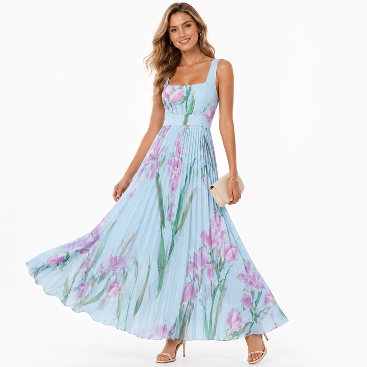 A-line summer dress with sleeveless neckline and pleated floral skirt for brunch outfits