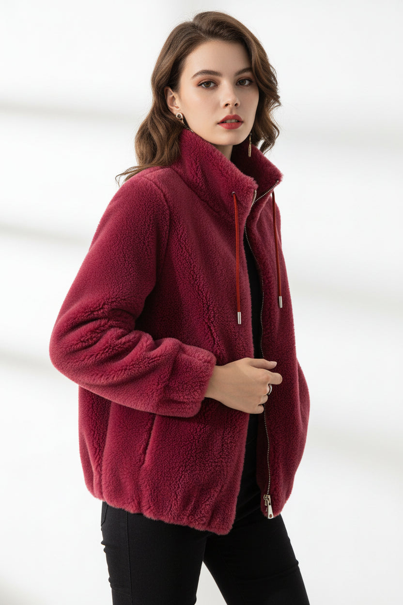 women fleece cardigan green high neck soft winter style