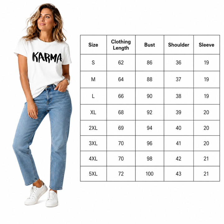 Karma print women graphic tee in white polyester fabric, styled as loose short-sleeve top for everyday casual wear and denim.