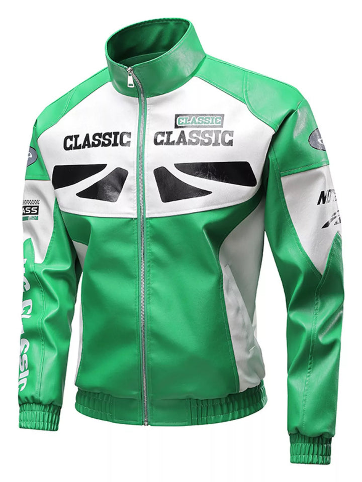 Faux leather stand collar jacket open zipper revealing soft lining for all-day comfort.