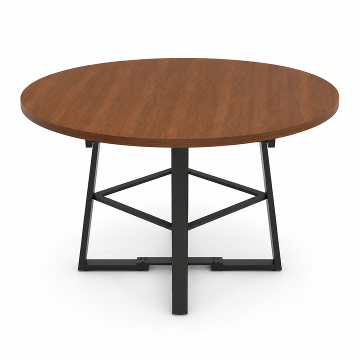 Extendable round dining table in walnut tone with hidden storage and modern metal frame for refined dining rooms for the home