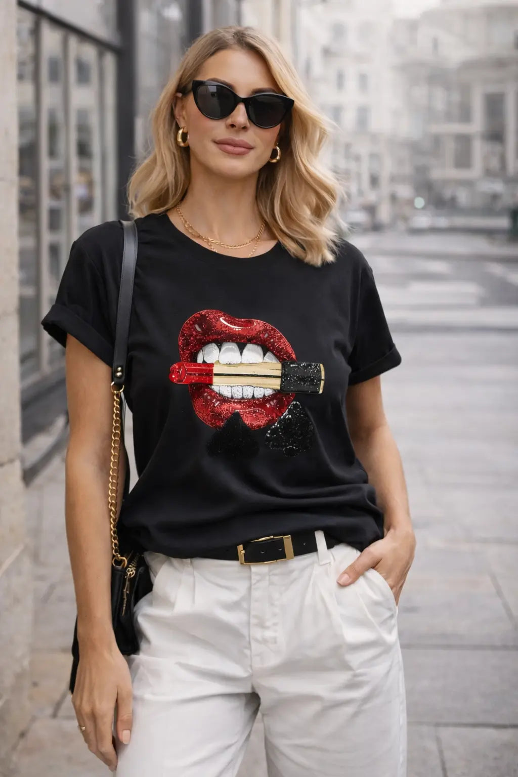 lip print sequin top cotton fabric detail under natural light