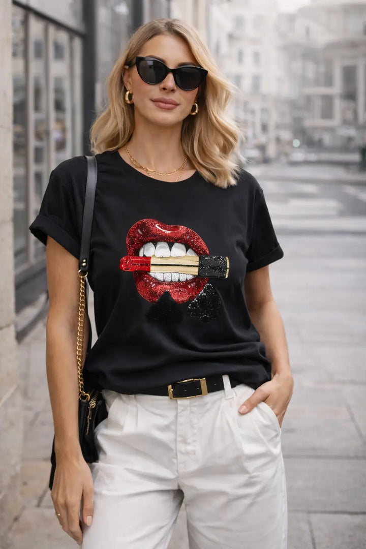 lip print sequin top cotton fabric detail under natural light