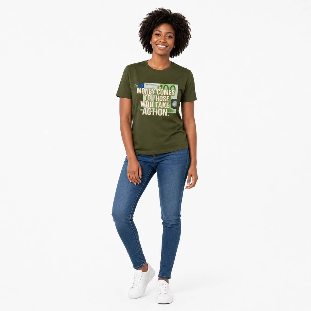 Motivational quote tee for men and women with classic crew fit, white cotton fabric, and a strong black daily action reminder
