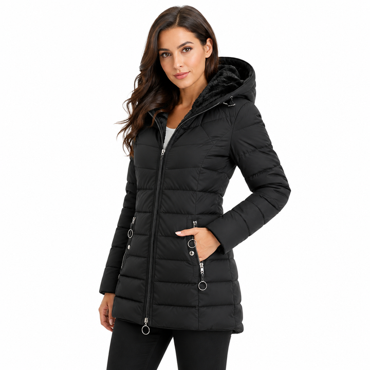 Women puffer jacket with hood and lightweight warmth, designed to reduce bulky layers while keeping a clean shape every day..