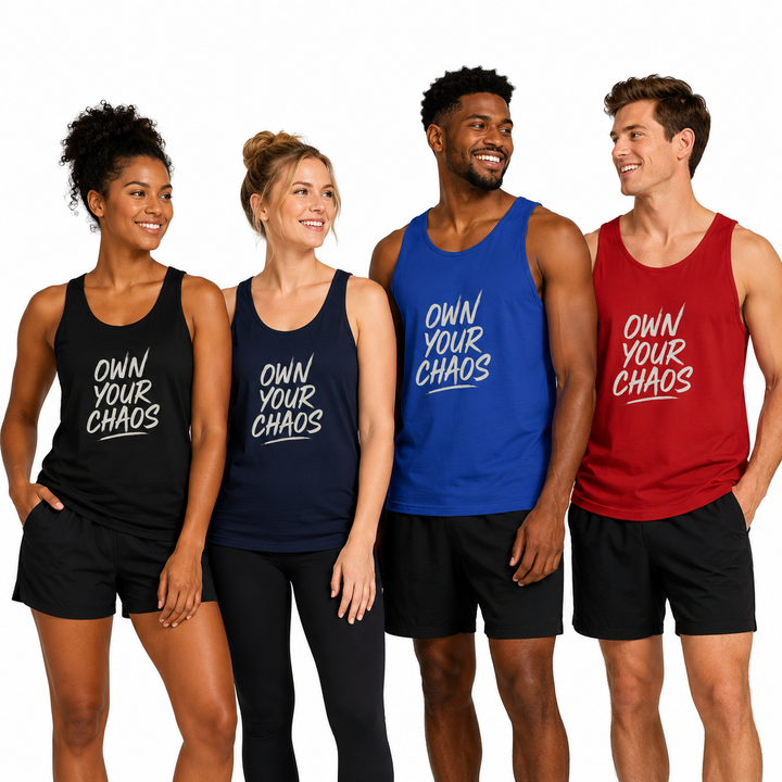 Four models wearing athletic tank tops in black, navy, blue, and red, each with the slogan &