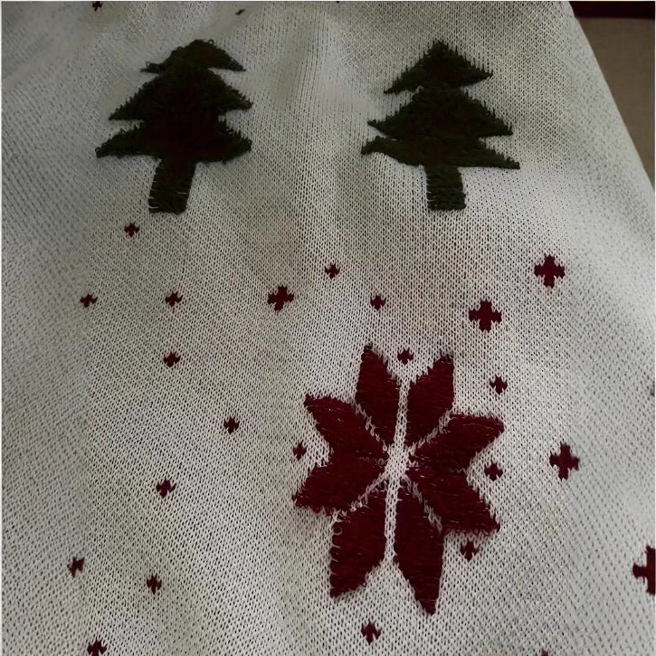 Merry & Bright printed holiday loose sweater white on model with jeans lifestyle