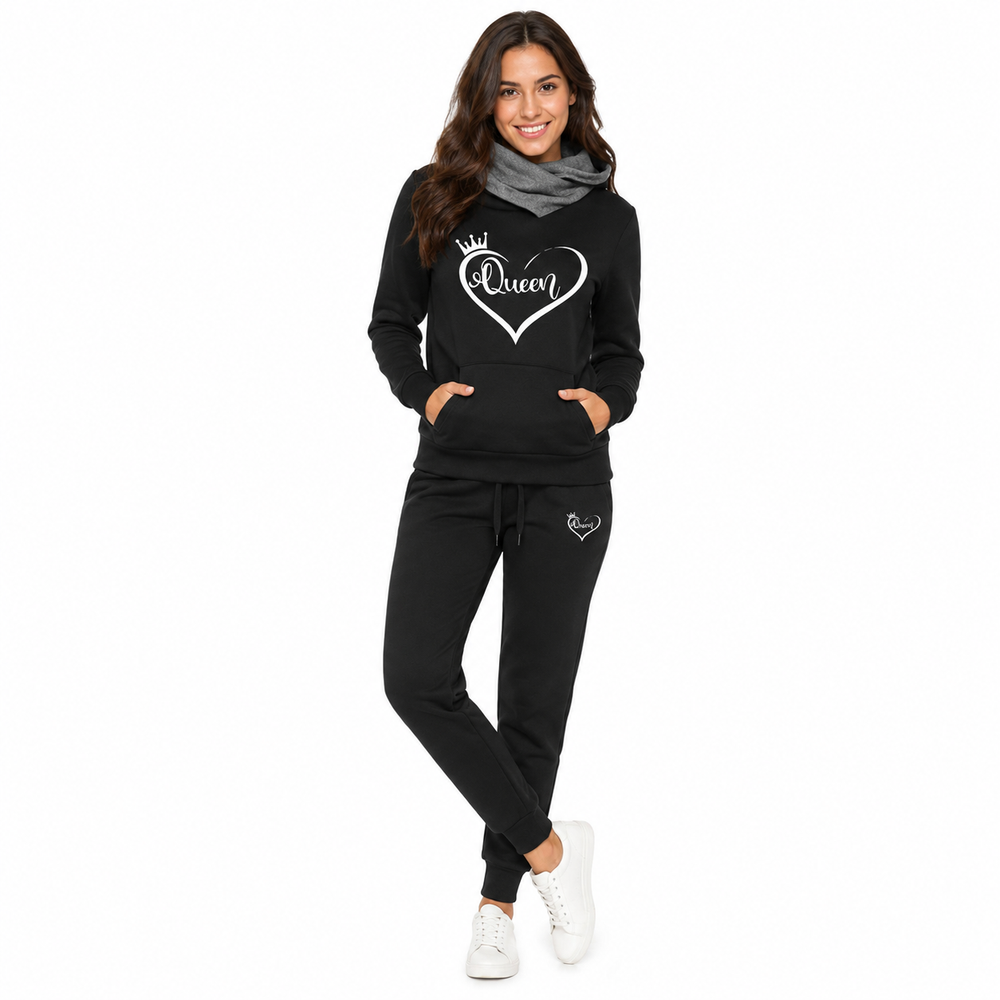 Two piece sweatsuit for women with hooded top, practical pockets and drawstring joggers for errands, travel and layering ease