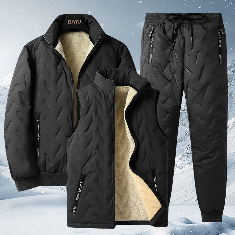 Black quilted winter pants with drawstring waist and matching set details