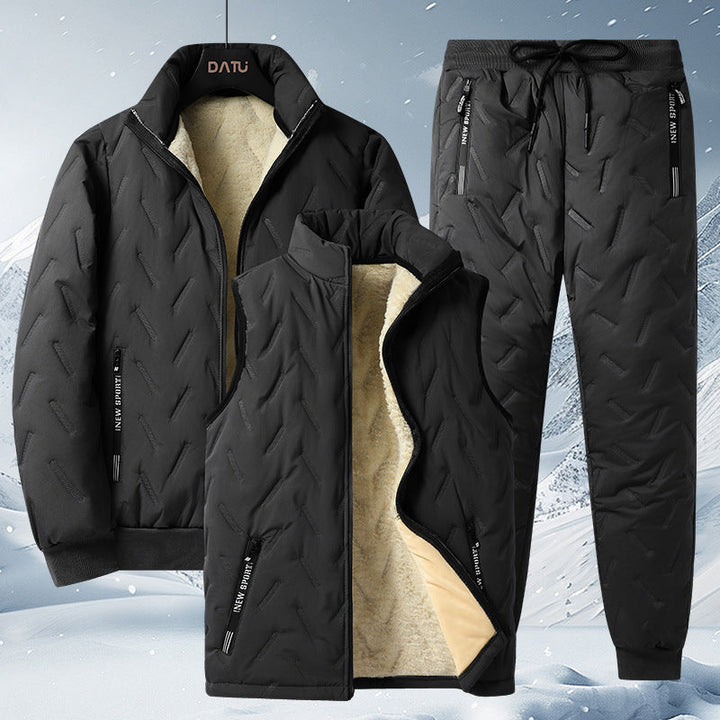 Black quilted winter pants with drawstring waist and matching set details