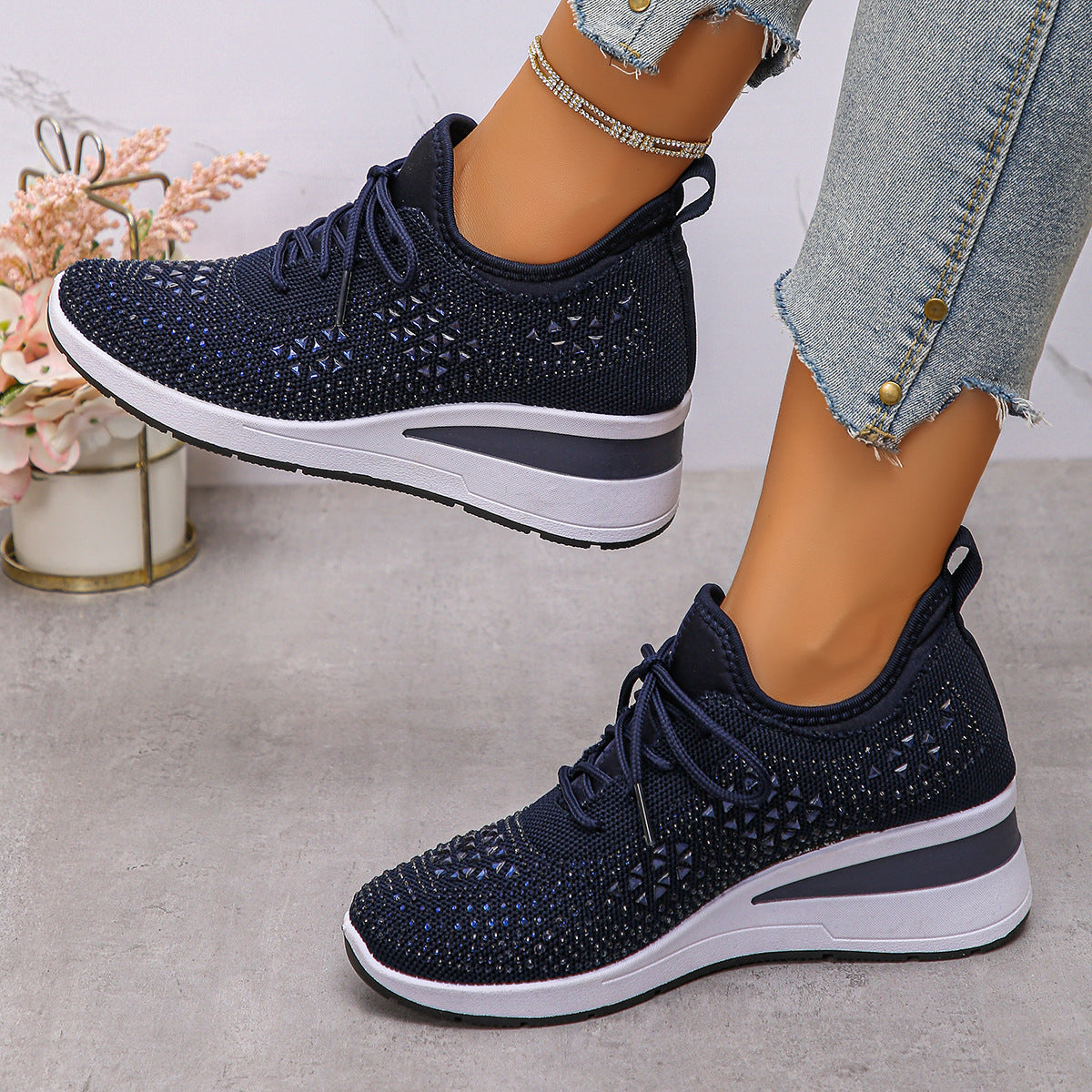 Ins Rhinestone Wedge Sneakers With Hidden Height Boost