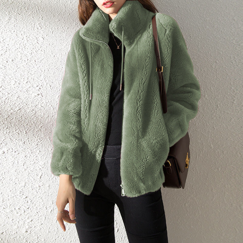 Women Fleece Cardigan Warm Double Fleece High Neck Coat