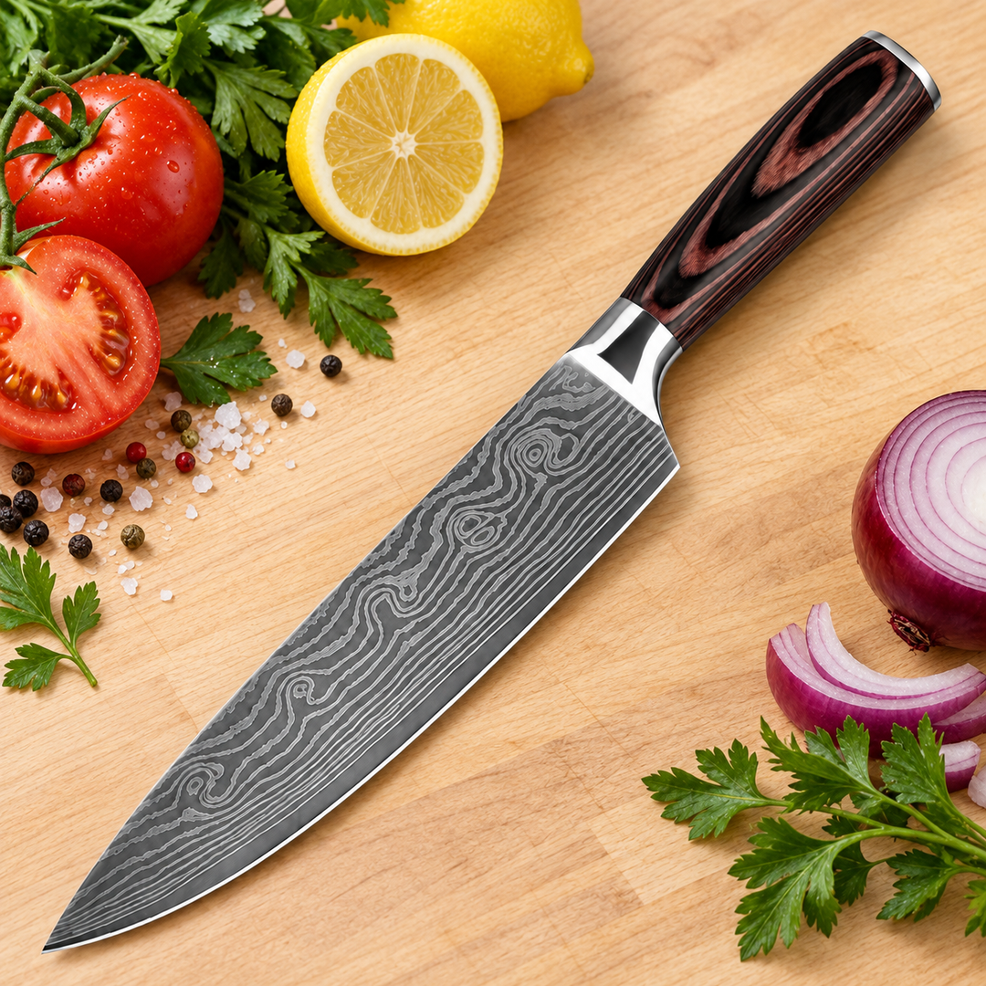 Chef knife displayed on a light cutting board with tomatoes, lemon, onion, parsley and peppercorns