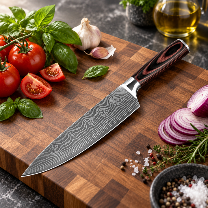 Patterned chef knife resting on a wooden cutting board with tomatoes, onion, herbs and seasoning