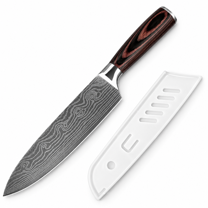 Chef knife shown beside a protective white blade cover on a clean white background