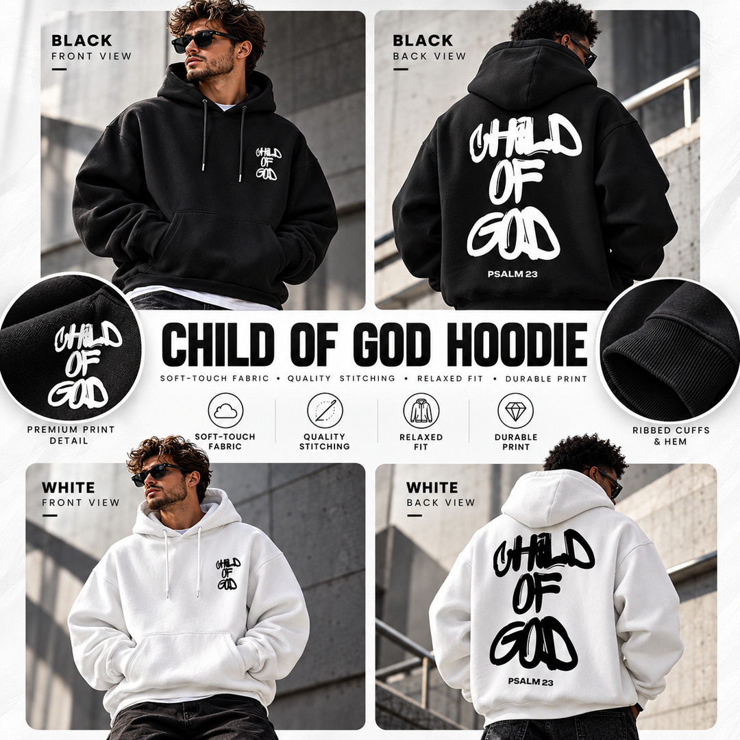 Child of God hoodie product collage showing black and white styles and details