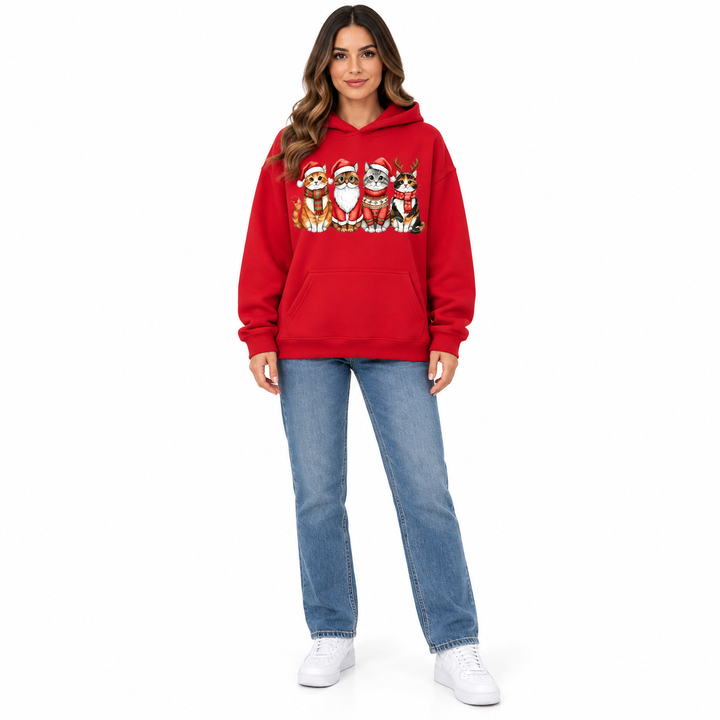 Front view of a woman in a red hoodie with four festive cats and a kangaroo pocket.