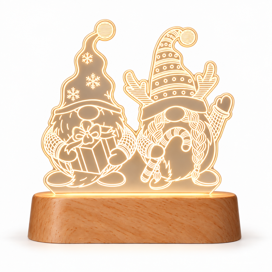 Christmas dwarfs acrylic night light warm white detail with beech wood base