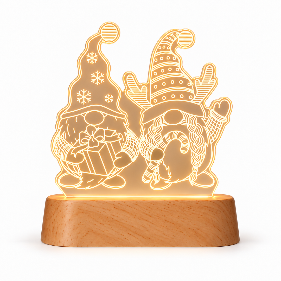 Christmas dwarfs warm white acrylic night light with beech wood base