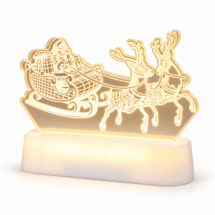 Santa sleigh and reindeer acrylic night light angled view with white base