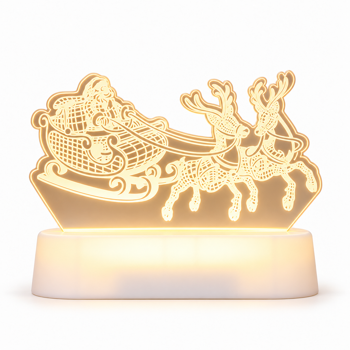 Santa sleigh and reindeer warm white acrylic night light with white base