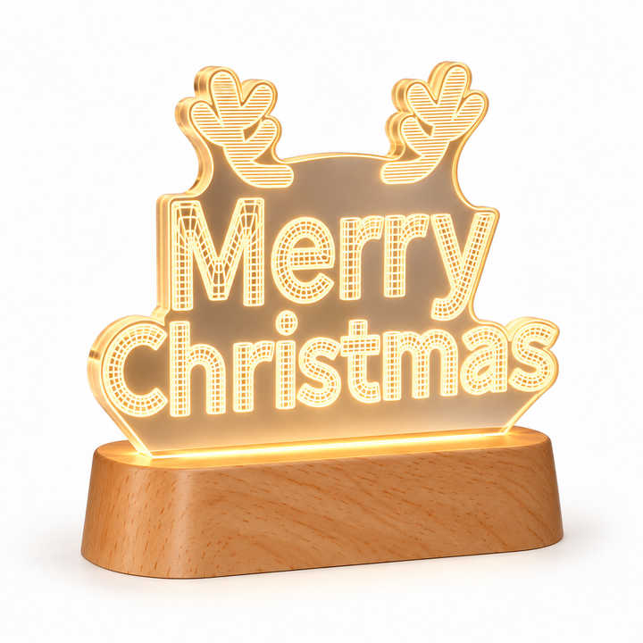 Merry Christmas acrylic night light angled view with beech wood base