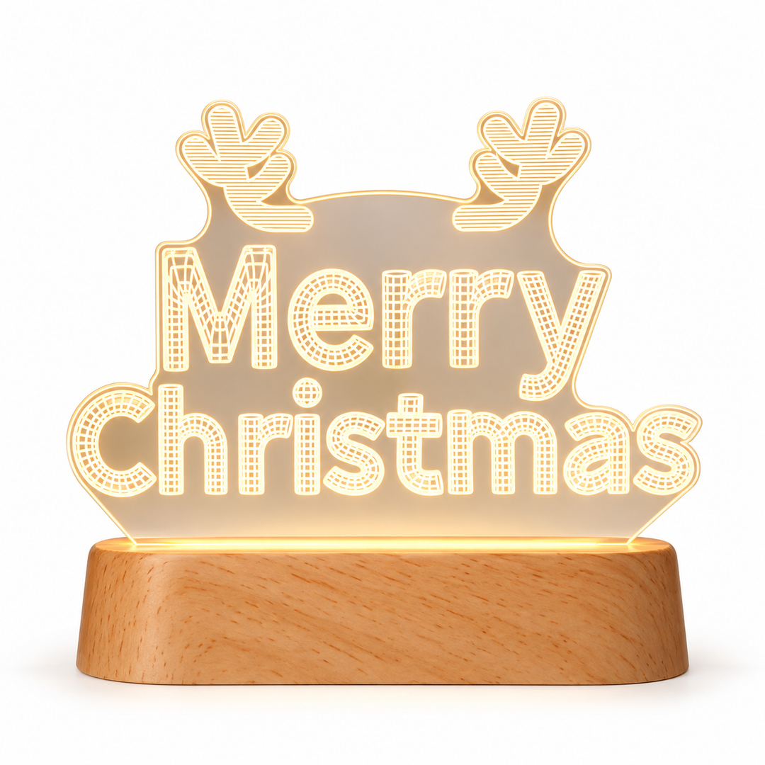 Merry Christmas warm white acrylic night light with beech wood base