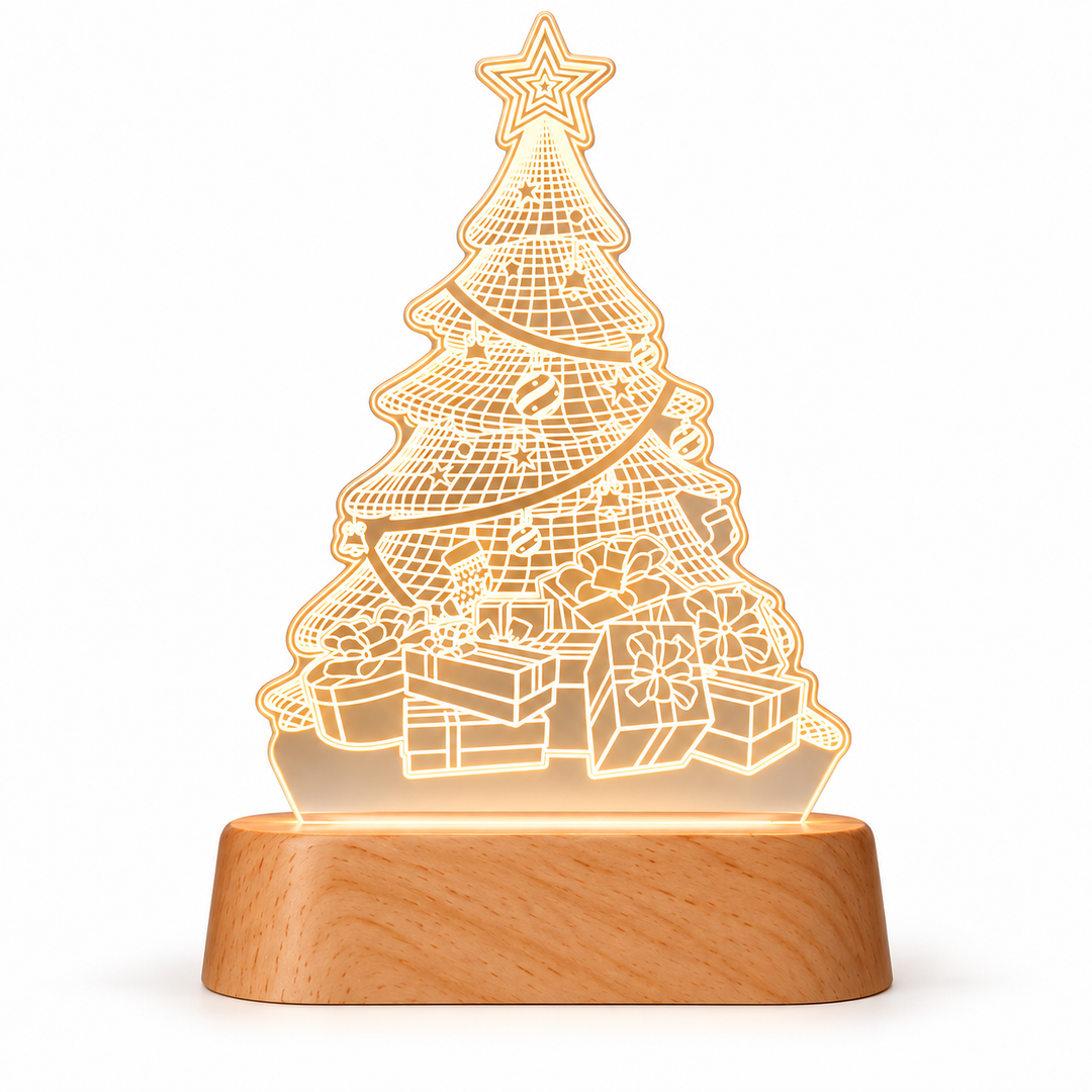 Christmas tree acrylic night light warm white detail with beech wood base