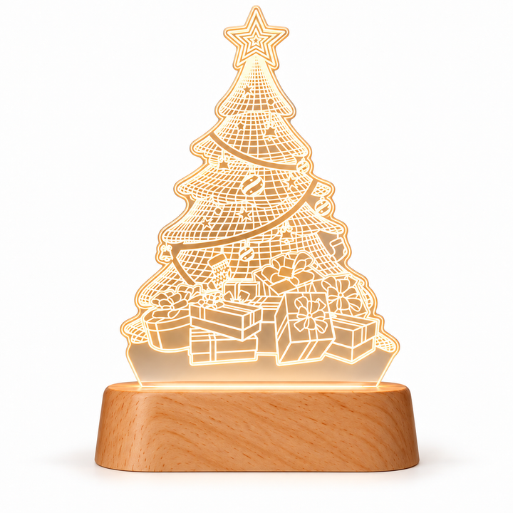 Christmas tree acrylic night light warm white detail with beech wood base