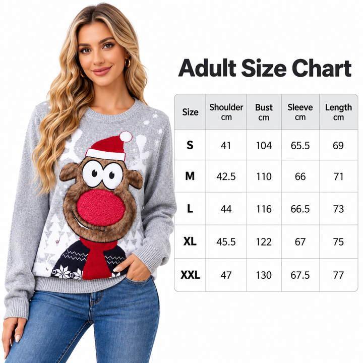 Christmas sweater family adult size chart with model, verified S to XXL measurements for shoulder, bust, sleeve and length now