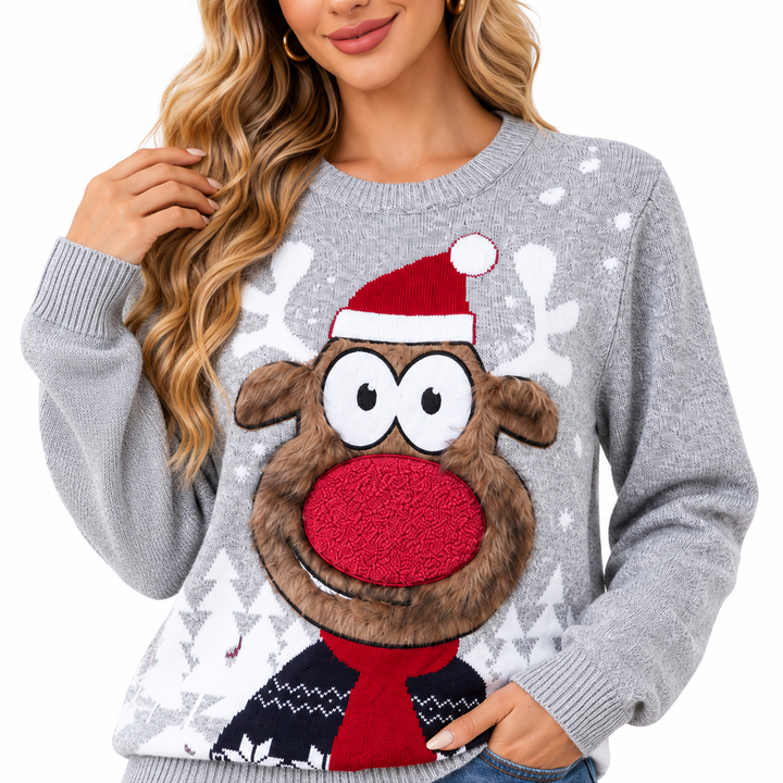 Christmas sweater family close-up showing gray knit texture, reindeer face detail, red nose, ribbed neckline and front design