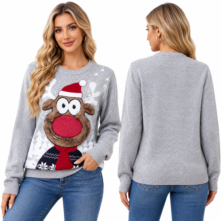 Christmas sweater family adult product view showing front reindeer graphic and plain gray back together on white background..